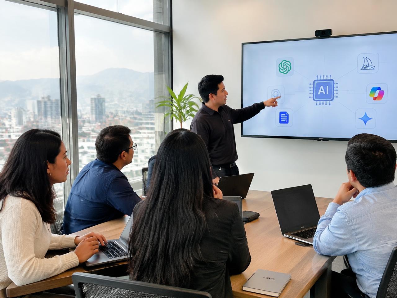 Grupo de profesionales en un taller práctico de inteligencia artificial