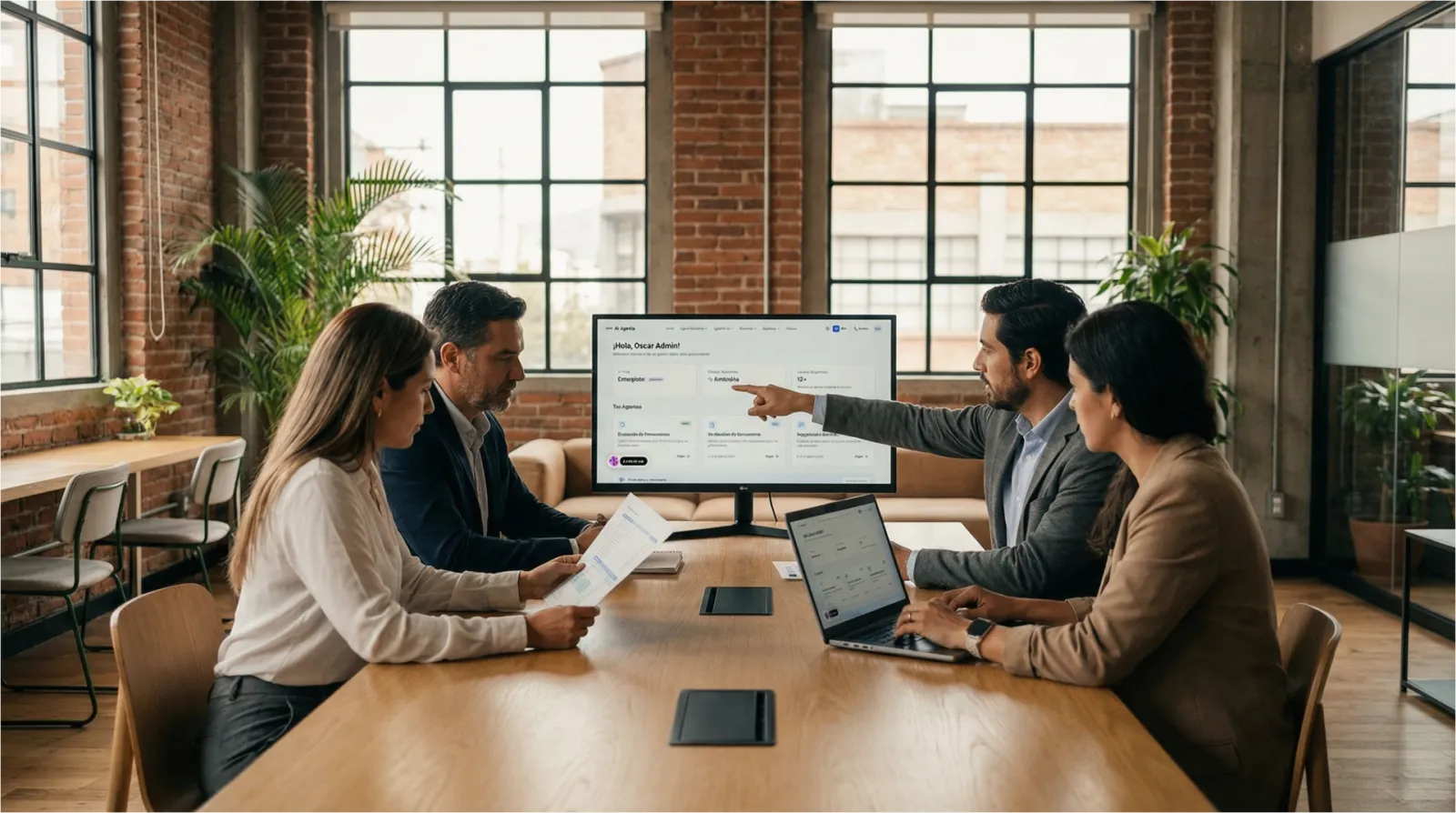 Profissionais latino-americanos analisando gestão de fornecedores com software de IA EGIXIA em escritório moderno