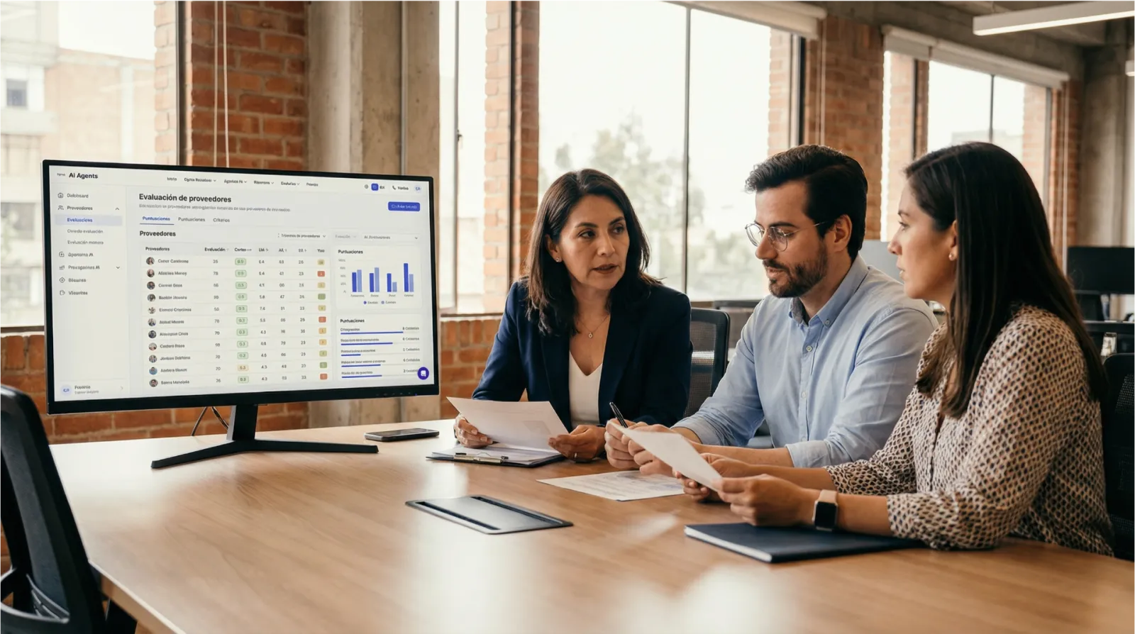 Latin American team evaluating supplier selection with criteria matrix and EGIXIA AI software in modern office