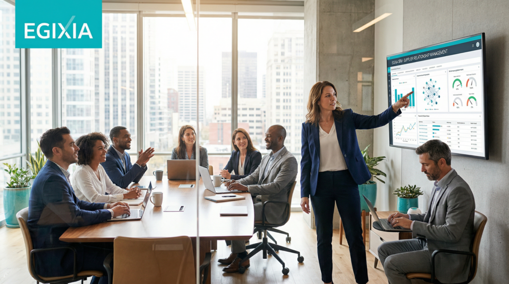 Equipo ejecutivo diverso en sala de juntas moderna revisando dashboard de gestión de proveedores en plataforma EGIXIA